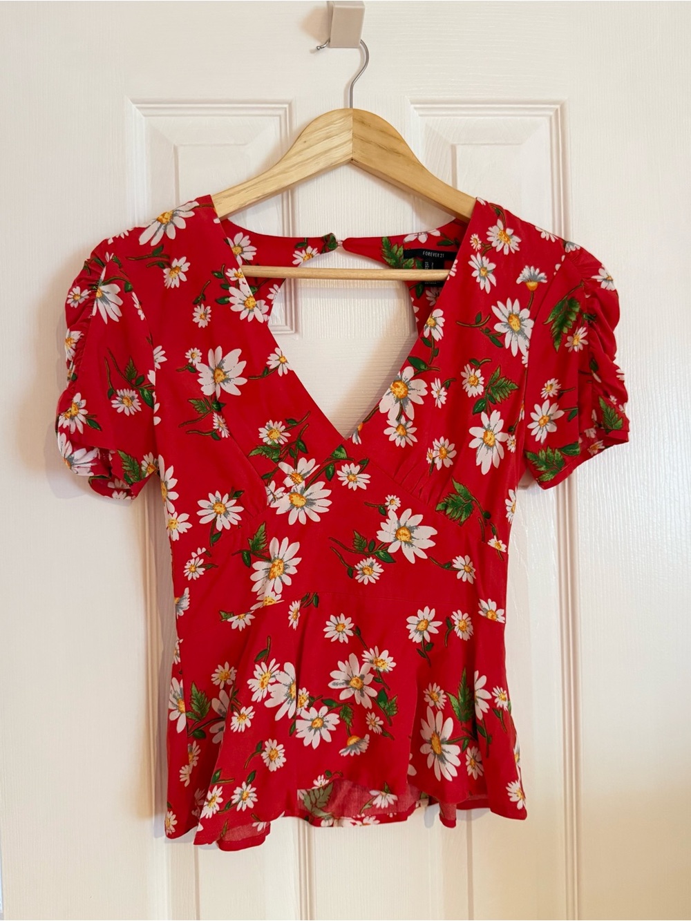 Forever 21 Red Floral V-Neck Peplum Blouse